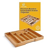 Bamboo Expandable Drawer Organizer. Wooden Storage Tray with Dividers for Silverware, Kitchen Utensils, Spices, K Cups, Small Clothes & Makeup. Adjustable Sliding Design from 13” to 19.6”