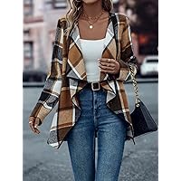 Women's Jackets Jackets for Women Plaid Waterfall Collar Asymmetrical Hem Tweed Overcoat Jacket (Color : Multicolor, Size : Small)