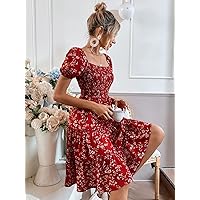 Dresses for Women - Floral Print Puff Sleeve Shirred Layered Hem Dress (Color : Multicolor, Size : Small)