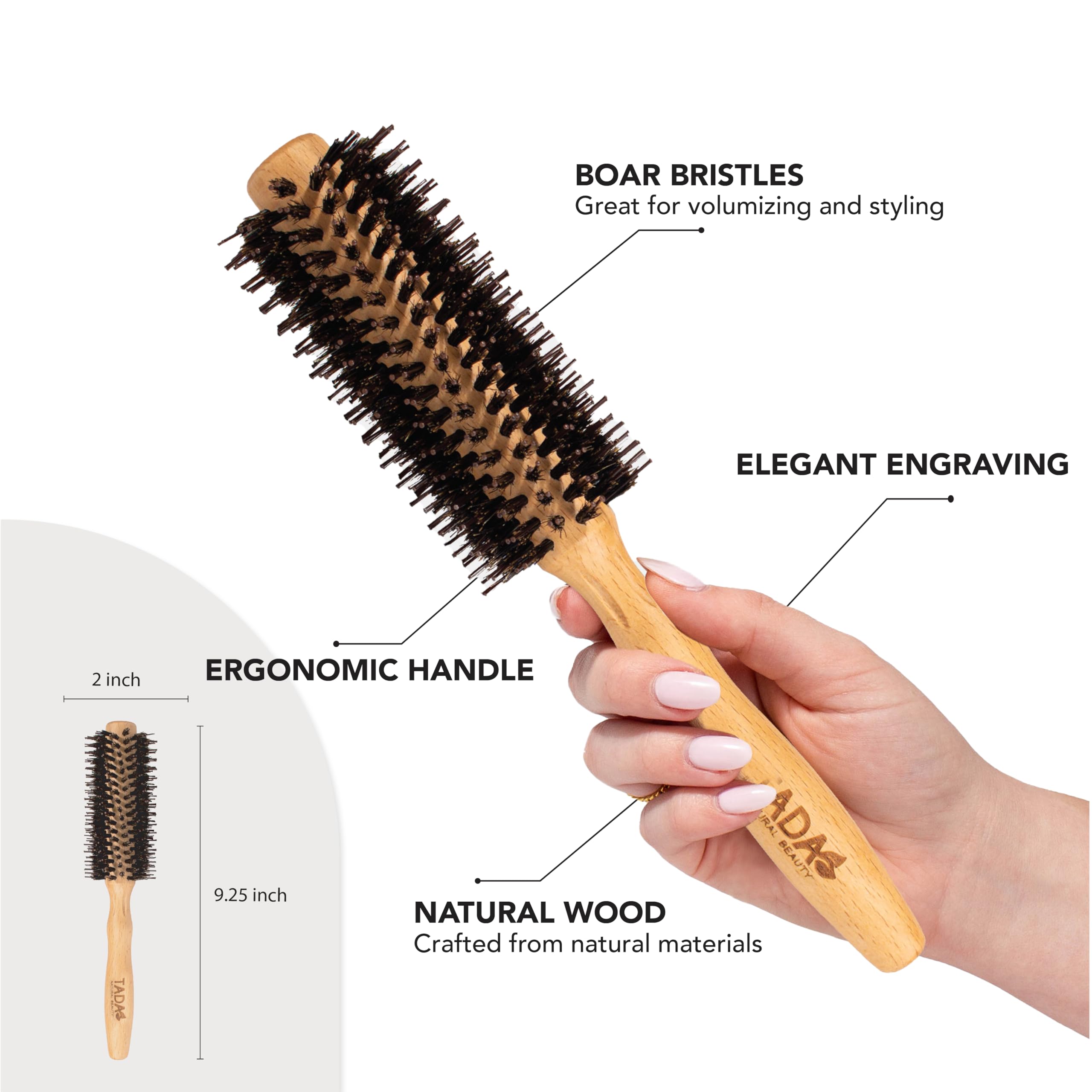 TADA Natural Beauty Bamboo Hair Brush l Wooden Comb l Bamboo Brushes for Wet Dry Curly Thick Straight Hair l Detangling Hairbrush for Women, Men, and Kids (Boar round brush)