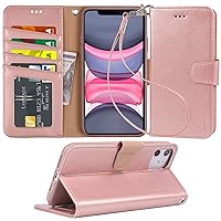 Arae Case for iPhone 11 Wallet Case Cover with Card Holder PU Leather with Wrist Strap and [4-Slots] ID&Credit Cards Pocket for iPhone 11 6.1 inch - Rosegold