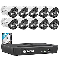 Swann Home Security Camera System with 2TB HDD, 16 Channel 10 Cam,POE Cat5e NVR 4K HD Video, Indoor or Outdoor Wired Surveillance CCTV, Color Night Vision, Heat Motion Detection, LED Lights, 1686810FB
