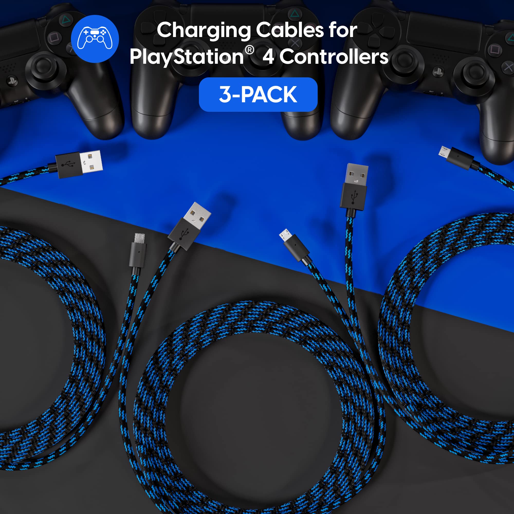 TALK WORKS Micro USB Controller Charger Cable for Playstation 4-6-Foot Long Braided Heavy-Duty Fast Charger Cord for PS4, Blue-Black (3 Pack)