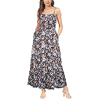GRACE KARIN Womens 2024 Summer Maxi Dress Sleeveless Floral Spaghetti Strap Smocked Boho Beach Long Dress with Pockets