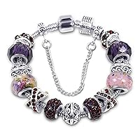 Silver Tone Charm Bracelet with Crystal and Murano Glass Beads Snake Chain for Women & Girls Comes in a Gift Box