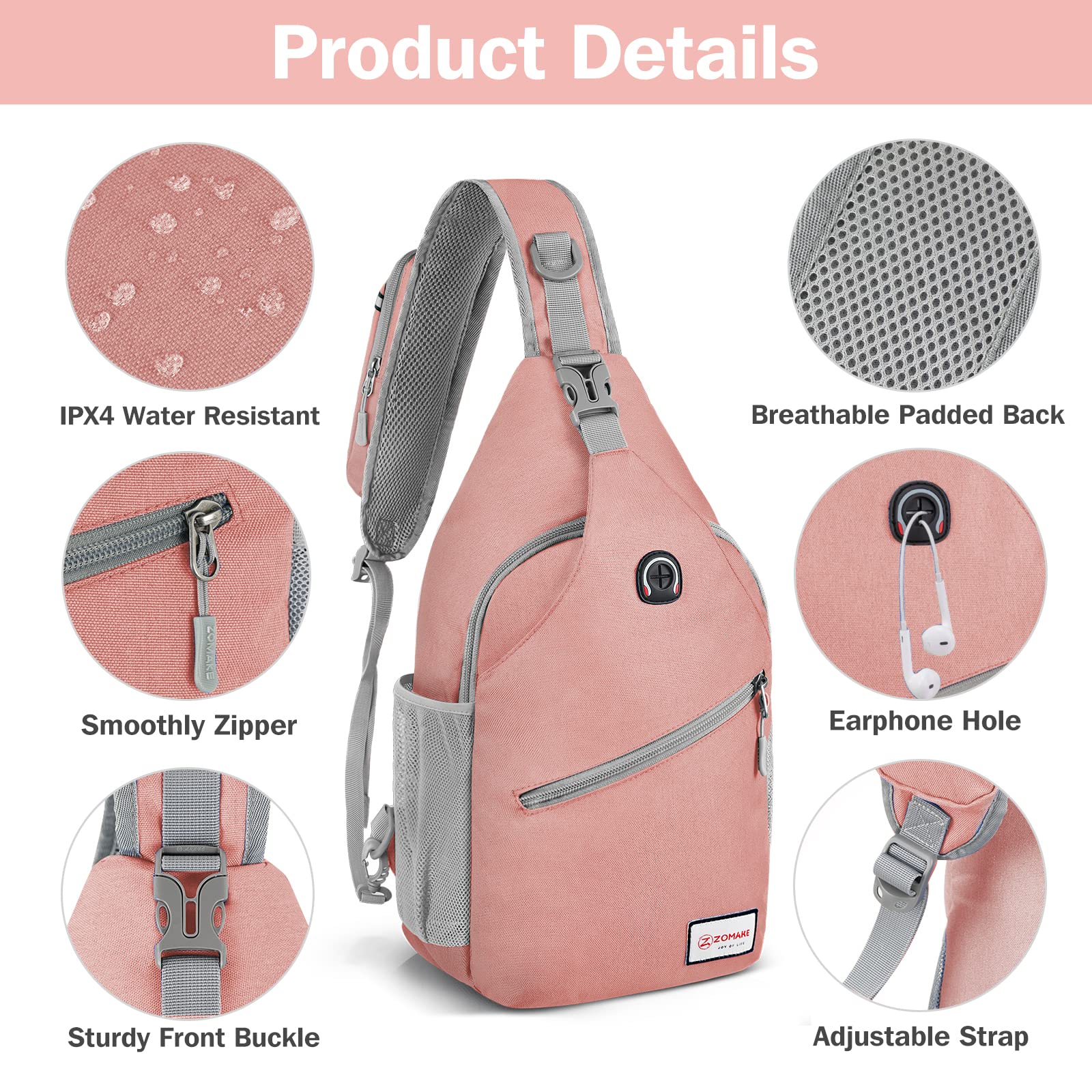 ZOMAKE Sling Bag for Women Men:Small Crossbody Sling Backpack - Water Resistant Mini Shoulder Bag Chest Bag for Travel