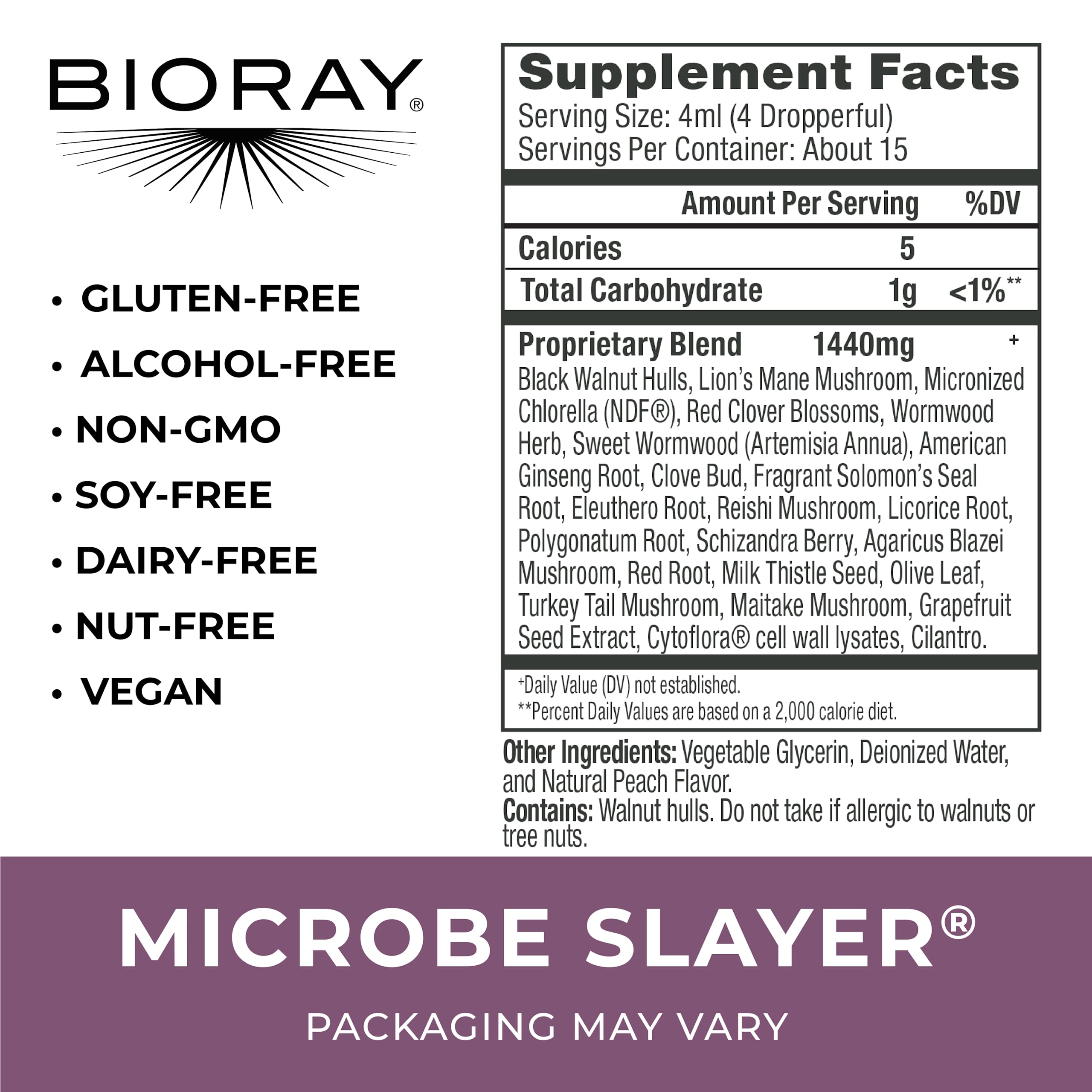 BIORAY Daily Microbe Slayer - 2 fl oz - Promotes Balance of Intestinal Microbes & Nourishes The Liver - Non-GMO, Vegetarian, Gluten Free