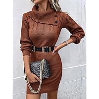 Women's Fashion Dress -Dresses High Neck Button Detail Sweater Dress Without Belt Sweater Dress for Women (Color : Coffee Brown, Size : Large)