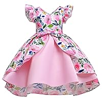 Child Girls Fly Sleeve Pageant Dress Birthday Party Kids Floral Prints Bowknot Costume Gown Princess Dress Cheese