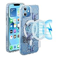 for iPhone 12/12 Pro Case with Magsafe Magnetic Back,Clear Glitter Blue Butterfly Design i Phone Case,Mag Safe for Wireless Charging Case,Bling Magnet Aesthetic Cute Cell Phone Case