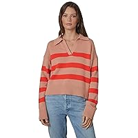 VELVET BY GRAHAM & SPENCER Women's Lucie Cotton Cashmere Striped Polo Sweater, Pink/Flame, S