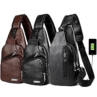 Peicees Pack of 3 Medium Leather Sling Bag Mens Crossbody Bag Chest Bag Sling Backpack for Men with USB Charge Port, Medium Classic Dark Brown & Classic Black & Vertical Zipper Black