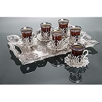 LaModaHome Turkish Tea Set/Turkish Tea Cups of 6 with Silver Holders and Saucers - Fancy Vintage Handmade Glass Tea Set, Glass Tea Cup, Gift, Teatime/Gift Set