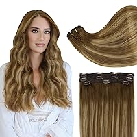Full Shine Hair Extensions Clip Ins Brown Hair Extensions 12 Inch Real Hair Extensions Ombre Brown Fading to Honey Blonde Highlighted Short Natural Human Hair Extensions for Women 3Pcs 60Grams