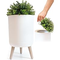 Small Bathroom Trash Can with Lid, Small Bathroom Garbage Can with Plant Style Lid, 1.8 Gallon, White, Perfect for Bedroom, Office, and Bathrooms, Trash Bin That Looks Like a Plant