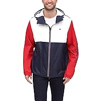 Tommy Hilfiger Men's Lightweight Active Water Resistant Hooded Rain Jacket, Midnight/Ice/Red Colorblock, X-Large
