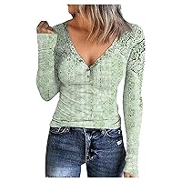 Women's Casual Long Sleeve Shirt V Neck Slim Fit Tops Fashion Ribbed Graphic Tee Vintage Button Henley Shirt