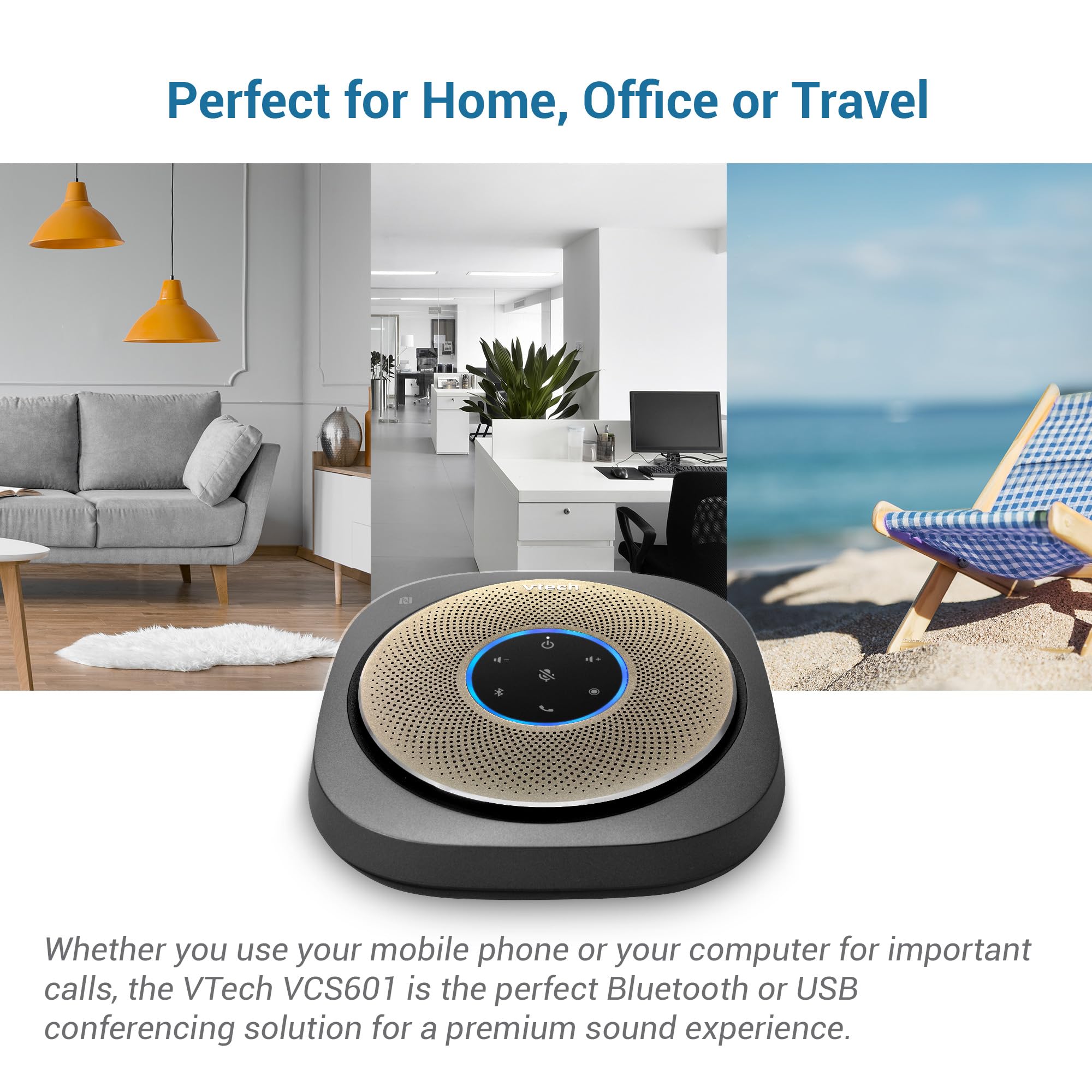 VTech VCS601-2 Bluetooth 5.0 Conference Speakerphone, 6 Mics, Smart NFC Connect, 24 hr Call Time / 5200mAh Battery with Reverse Charging, USB C, Voice Assistant, Home Office, Small & Medium Business