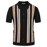 Mens Polo Shirts Vintage Striped Button Down Knitted Golf Shirts
