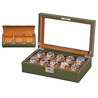 10 Slot Leather Watch Box with Matching 3 Slot Watch Roll - Luxury Watch Case Display Organizer Microsuede Liner, Locking Mens Jewelry Watches Holder, Men's Storage Boxes Holder Glass Top Green/Tan