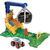 Hot Wheels Monster Trucks Rhinomite Chargin’ Challenge Playset with a 1:64 Scale Toy Rhinomite Truck & 2 Crushed Cars
