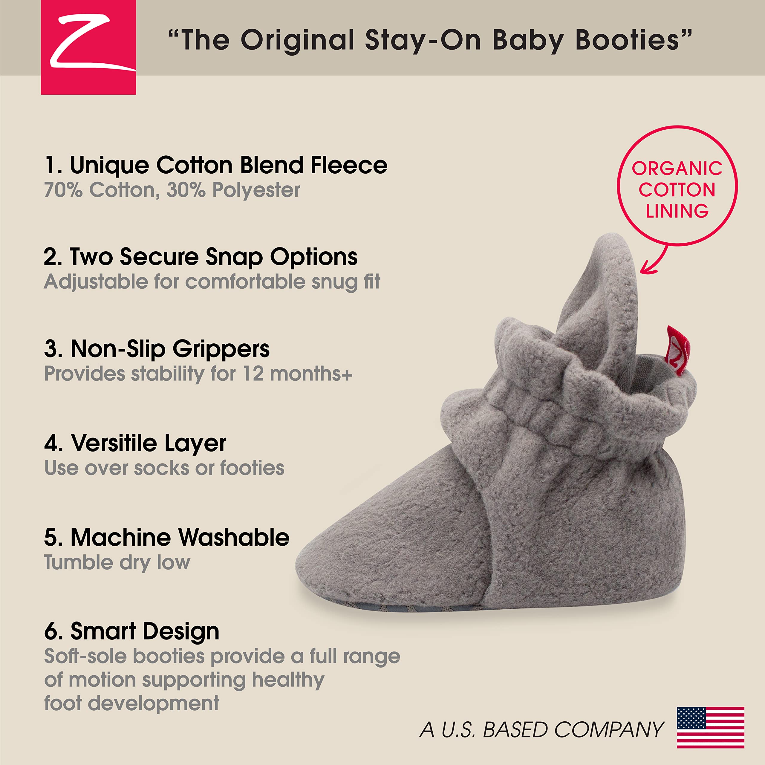Zutano Unisex Cozie Fleece Baby Booties with Grippers, Baby Essentials, Gray, 18 Months