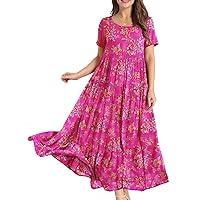 YESNO Women Casual Loose Bohemian Floral Dress with Pockets Short Sleeve Long Maxi Summer Beach Swing Dress S EJF CR26 Pink