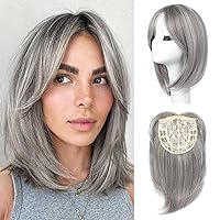 HOOJIH Hair Topper, 14 Inch Hair Topper for Women with Thinning Hair 6.5x6.5 Inch Large Base Hair Topper with Bangs Bob Style Hair Pieces for Women Daily Use - Ash Gray