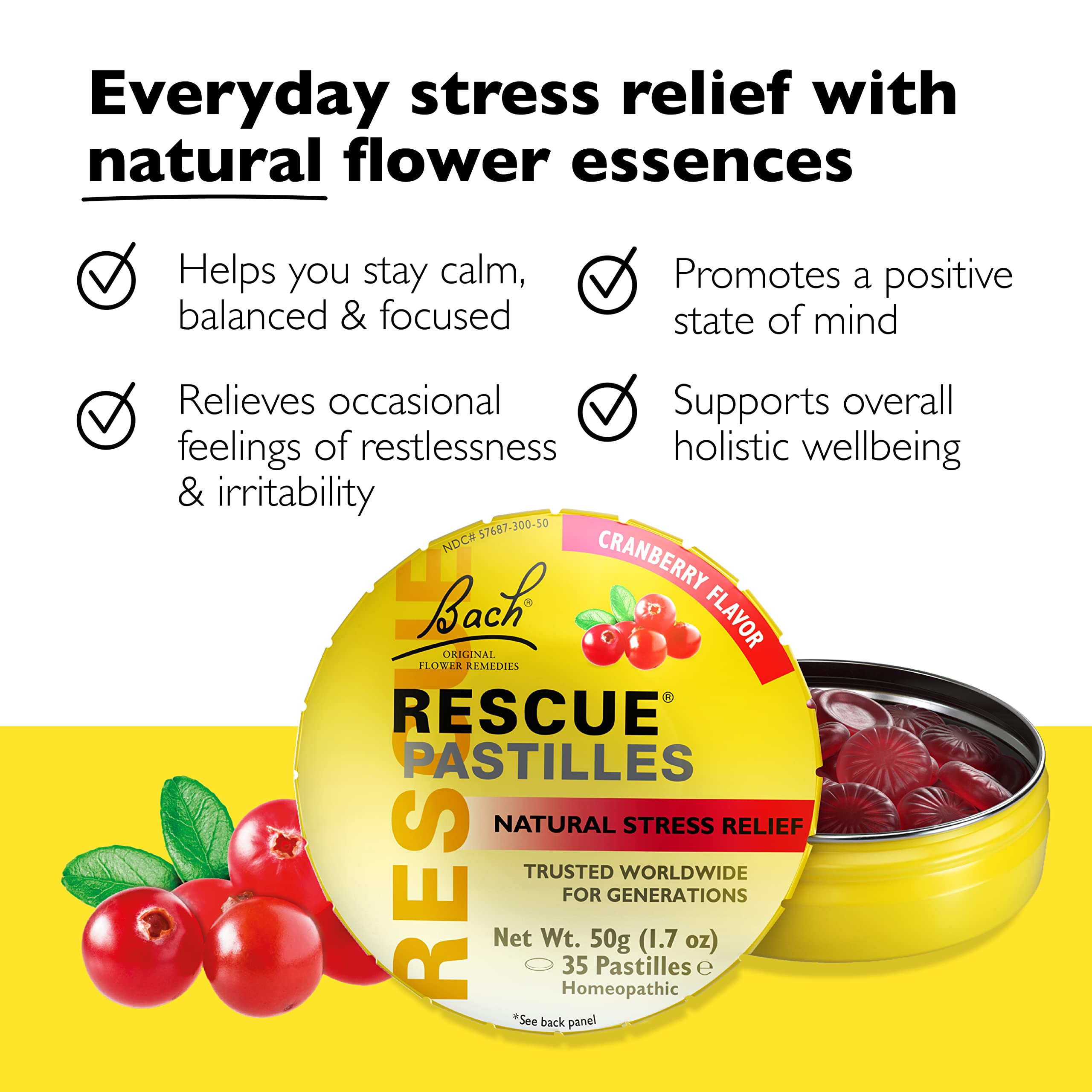 Bach RESCUE PASTILLES, Cranberry Flavor, Natural Stress Relief Lozenges, Homeopathic Flower Essence, Vegetarian, Gluten & Sugar-Free, 35 Count