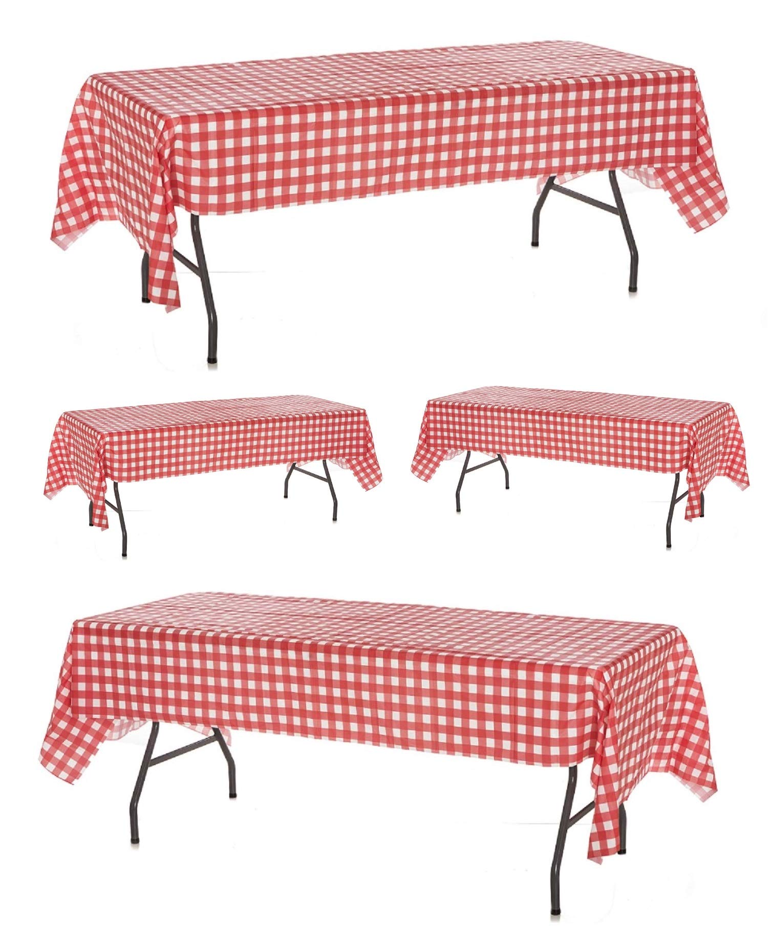 Oojami Pack of 4 Plastic Red and White Checkered Tablecloths - 4 Pack - Picnic Table Covers