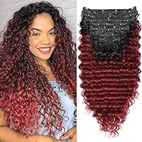 Wine red Curly Clip In Hair Extension For Black Women Natural Thick Deep Wave Hair Extension Clips Synthetic Long 24 inch hair extensions clip in Hairpiece(Deep Wave,T1B/33(Pack of 7)