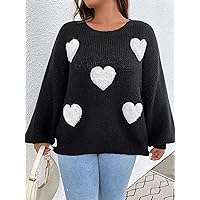 2022 Plus Size Women's Sweater Fashion Plus Heart Pattern Drop Shoulder Sweater Work Leisure Fashion Comfortable Warm (Color : Black, Size : X-Large)