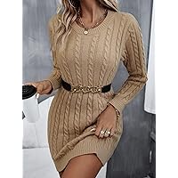 Women's Fashion Dress -Dresses Cable Knit Sweater Dress Without Belt Sweater Dress for Women (Color : Apricot, Size : Large)