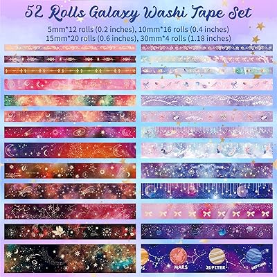 Ieebee 52 Rolls Washi Tape Set, Gold Foil Galaxy Washi Tape for Journaling Supplies, 4 Size Washi Tapes for Scrapbooking, DIY Journal Set, Craft