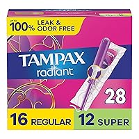 Tampax Radiant Tampons Multipack With Leakguard Braid, Regular/Super Absorbency, With Leakguard Braid, Unscented, 28 Count