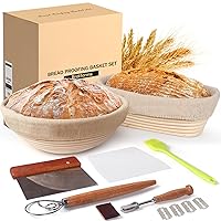 Bread Proofing Basket Set of 2, 10 Inch Round &Oval Cane Sourdough Proofing Basket with Bread Baking Supplies-Bread Lame, Danish Whisk, Bowl Scraper & Dough Scraper, Wonderful gift for Bakers