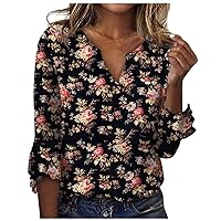 Shirts for Teens, Western Shirts for Women Business Casual Tops Older Womens and Blouses 3/4 Sleeve Women Spring 3/4 Sleeve Top Fashion Dressy Floral Print V Neck Bell Shirt Blouse (2-Black,L)