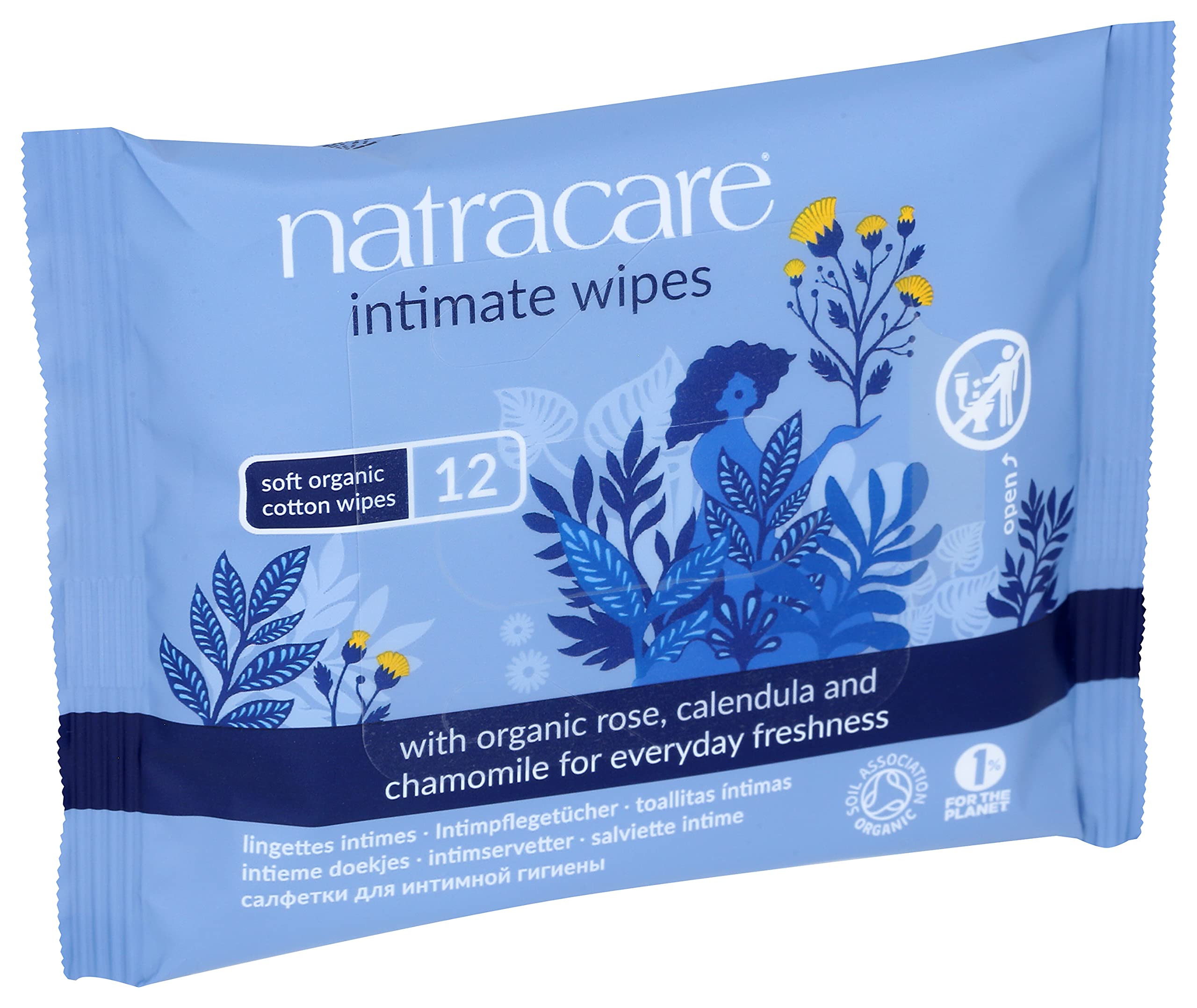 Natracare Organic Cotton Intimate Wipes Infused with Organic Essential Oils of Chamomile, Calendula and French Rose, 12 Wipes per pack (24 Pack, 288 wipes total)