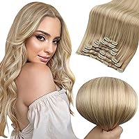 Full Shine Clip in Hair Extensions Human Hair Butter Blonde Highlights Platinum Blonde Clip in Human Hair Extensions Double Weft Human Hair Clip in Extensions 7Pcs 120g 14inch