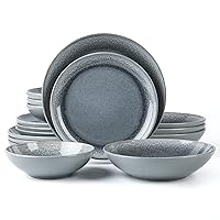 FAIT Round Stoneware 16pc Double Bowl Dinnerware Set for 4, Dinner Plates, Side Plates, Cereal Bowls, Pasta Bowls - Reactive Glaze Grey (439699)