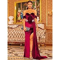 Women's Dress Dresses for Women Split Thigh Off Shoulder Velvet Formal Gown (Color : Burgundy, Size : Large)