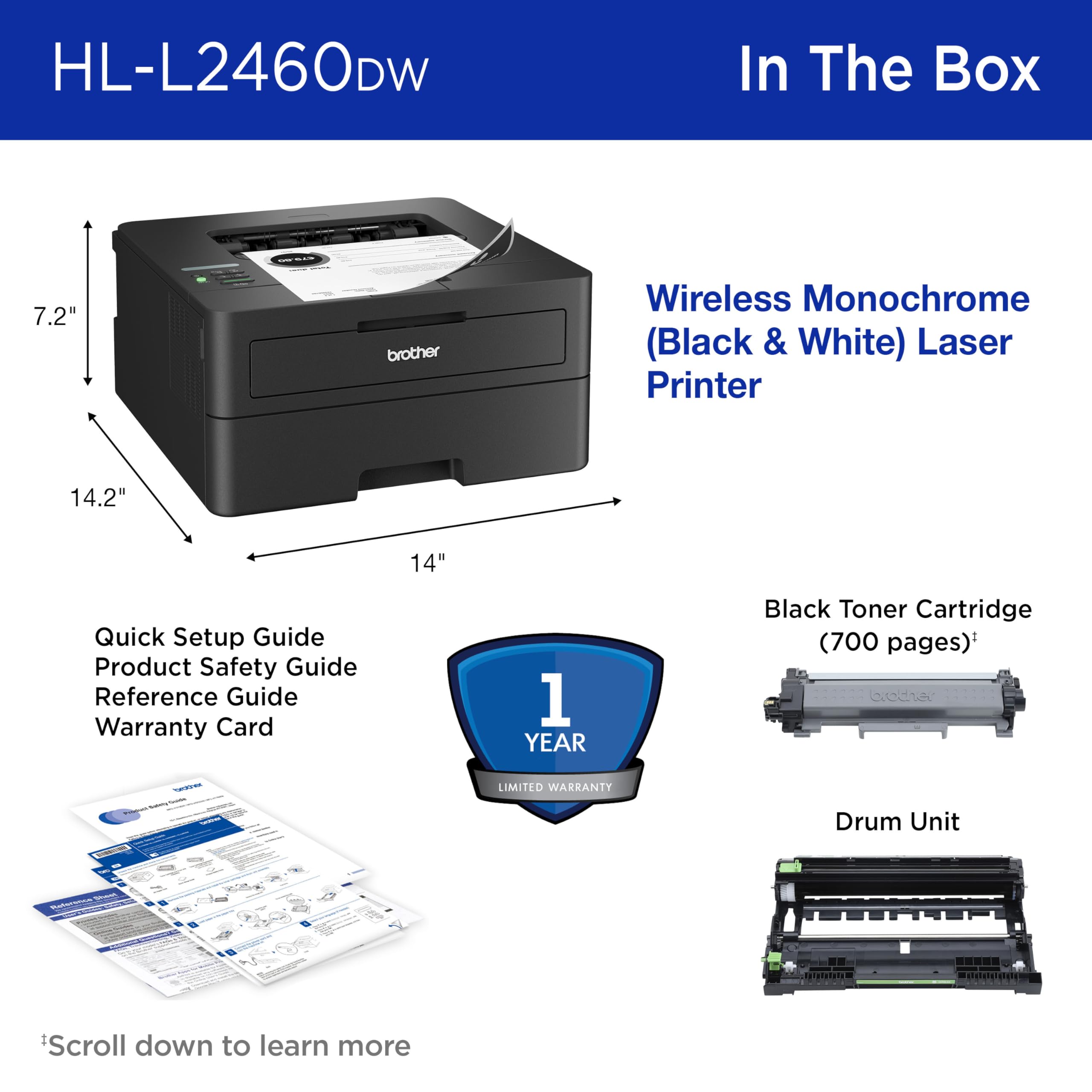 Brother HL-L2460DW Wireless Compact Monochrome Laser Printer with Duplex, Mobile Printing, Black & White Output | Includes Refresh Subscription Trial(1), Amazon Dash Replenishment Ready