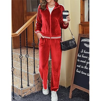 Ekouaer Women's Velvet Velor Tracksuits 2 Piece Lounge Outfits Zip Up Sweatshirt and Sweatpants with Pockets S-3xl