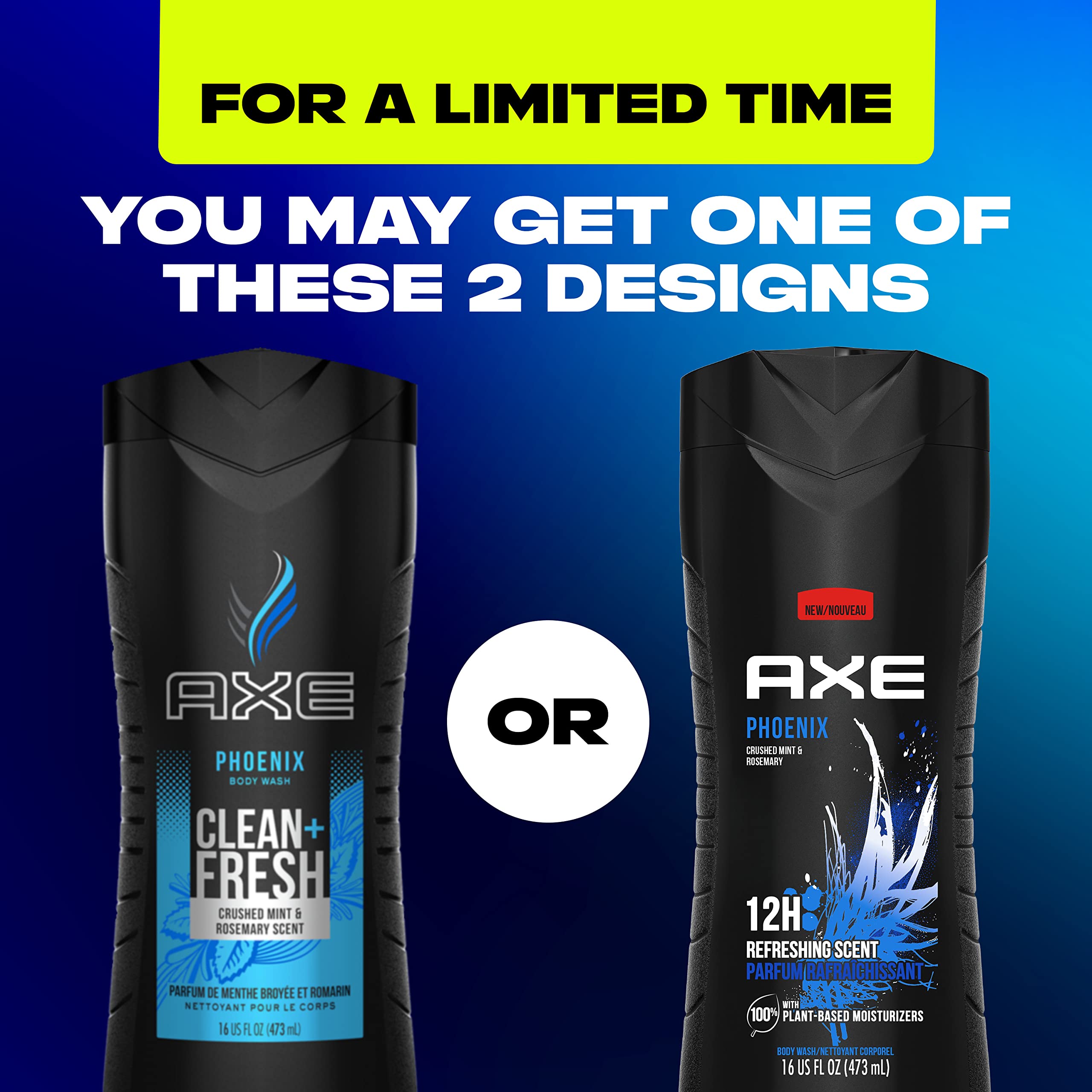 AXE Body Wash 12h Refreshing Scent Phoenix Crushed Mint & Rosemary Men's Body Wash With 100% Plant-Based Moisturizers 16oz 4 Pack