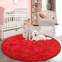 Red Round Rug for Bedroom, Super Fluffy Circle Rugs for Baby Nursery, 5'X5' Feet Furry Carpet for Children Kids Room, Cute Soft Shaggy Rug for Girls Home Decor, Fuzzy Plush Carpets for Dorm
