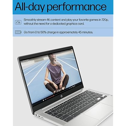 HP Chromebook 14 Laptop, Intel Celeron N4120, 4 GB RAM, 64 GB eMMC, 14