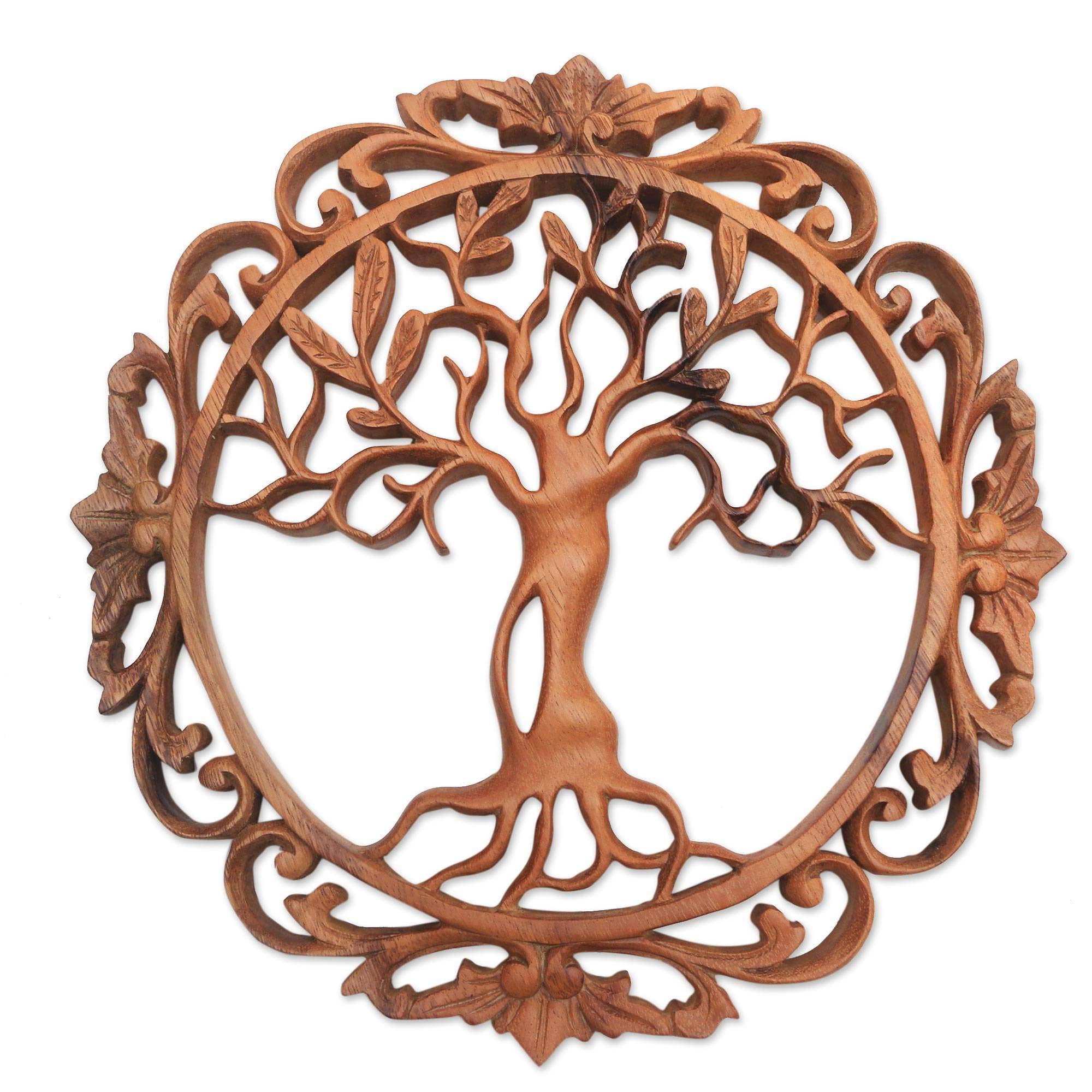 NOVICA Leaf and Tree Wood Relief Panel Wall Sculpture, Brown, Few Leaves'