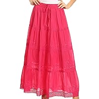 Sakkas Solid Embroidered Crochet Lace Trim Gypsy Bohemian Mid Length Cotton Skirt