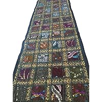 Patchwork Embroidered Table Runner - Indian Sequin Cotton Boho Bohemian Hippie Patchwork Runner Tapestry Wall Hanging - Indian Decoration Tapestry Wedding Decor 16 X 72 Inches (Dark Green)