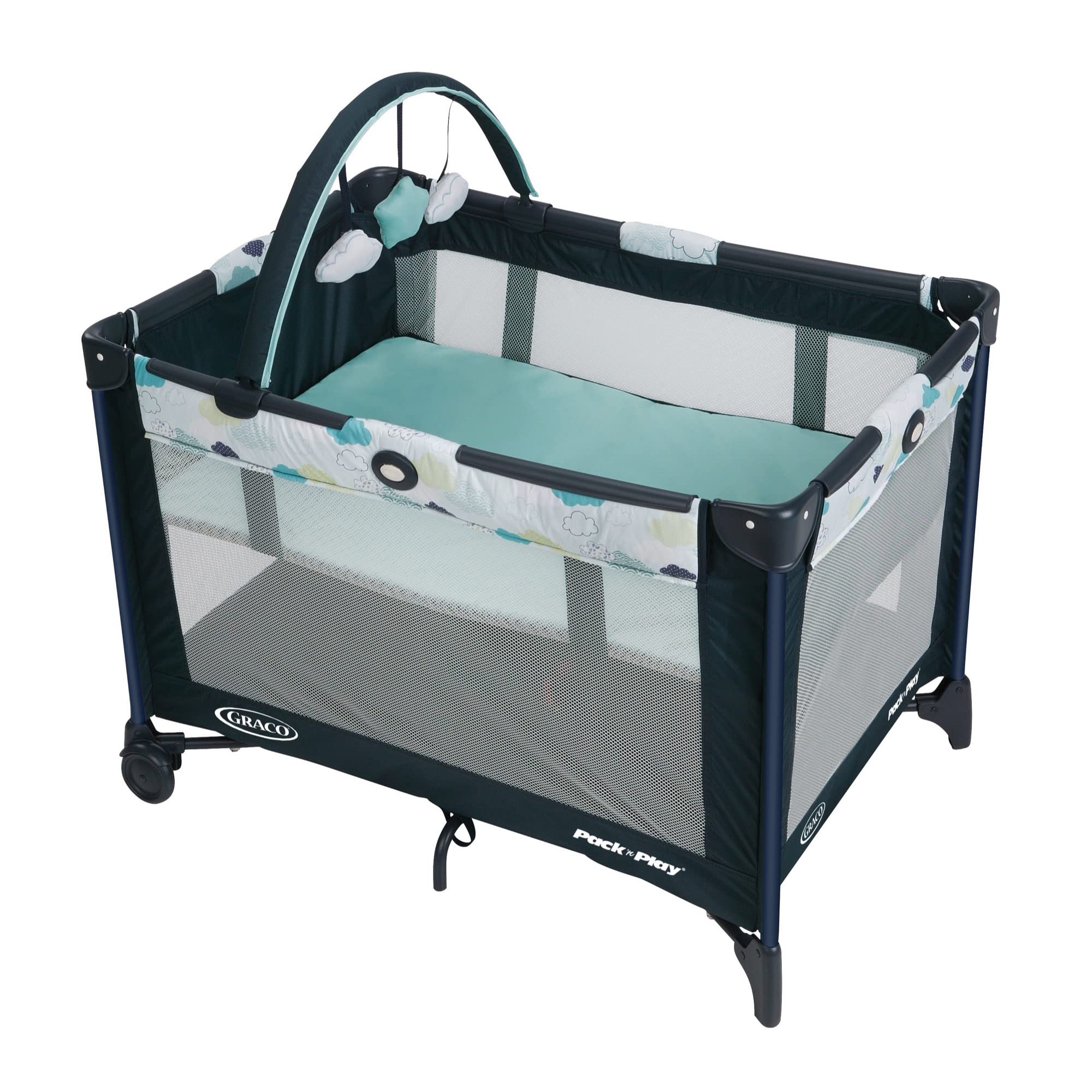 Graco Pack and Play On the Go Playard | Includes Full-Size Infant Bassinet, Push Button Compact Fold, Stratus , 39.5x28.25x29 Inch (Pack of 1)